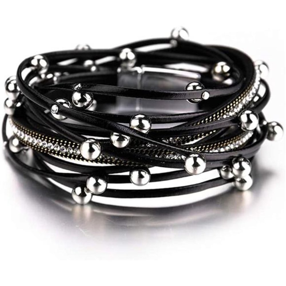 Leather Wrap Bracelets for Women Boho Leopard Multi-Layer Crystal Beads Cuff